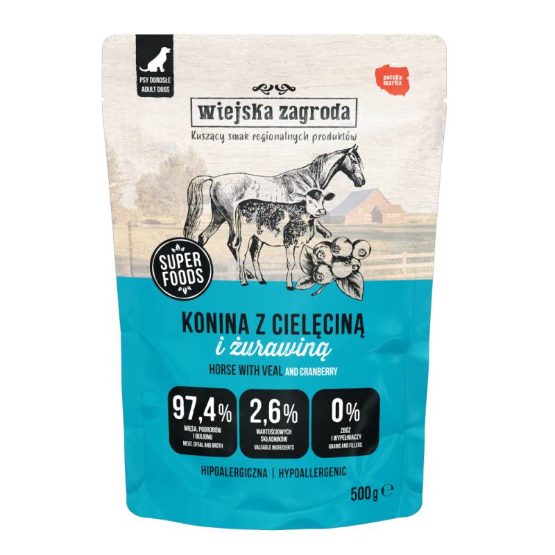 Sparpaket Wiejska Zagroda Dog Pouches 2 x 500 g - Pferdefleisch mit Kalbfleisch von Wiejska zagroda