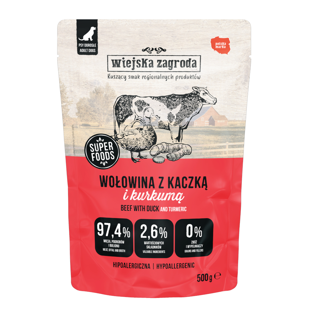 Sparpaket Wiejska Zagroda Dog Pouches 2 x 500 g - Rindfleisch mit Ente von Wiejska zagroda