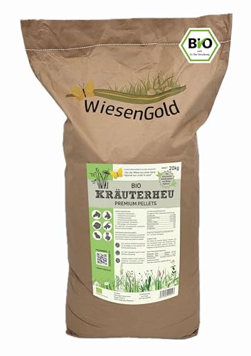 Bio Heucobs, Wiesencobs, WiesenGold® Bio KräuterHeu Pellets/Cobs (20kg) – Premium Pferdefutter, von artenreichen Kräuterwiesen, Melassefrei, ohne Zuckerzusatz, staubfrei, Bio Heupellets, Grascobs, von WiesenGold