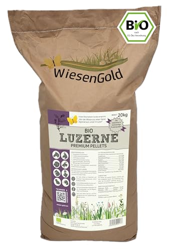 Luzerne Cobs Bio, WiesenGold® Bio Luzerne Pellets/Cobs (20kg) – Premium Pferdefutter, die natürliche Proteinquelle für Tiere, Melassefrei, ohne Zuckerzusatz, staubfrei von WiesenGold