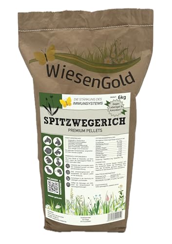 Spitzwegerich, WiesenGold® Spitzwegerich Pellets/Cobs (6kg) – natürliche Kräuter gegen Leberegel und Kokzidien bei Tieren, naturnaher und insektenschonender Anbau von WiesenGold