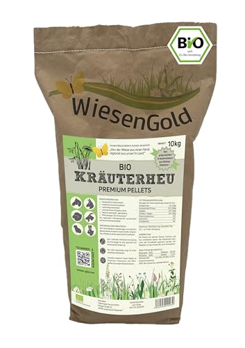 WiesenGold® Bio-Kräuterheu Pellets/Cobs (10kg) – von artenreichen Kräuterwiesen für Tiere, naturnaher und insektenschonender Anbau, Bio Heucobs, Bio Wiesencobs, Pferdefutter, Heimtierfutter von WiesenGold