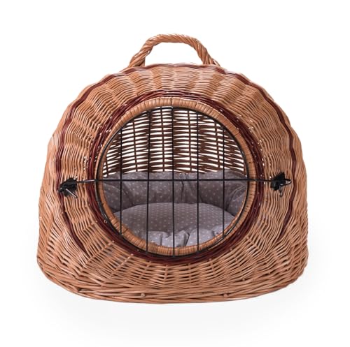 Wiklinowy Świat - Weidenkorb Transportbox, Katzentransportbox, Transporttasche für Katze Hund - Tragebox für Mittel Kleine Haustiere - mit Metallverschluss - 50x40x45cm - grau gepunktetes Kissen Wiklinowy Świat - Weidenkorb Transportbox, Katzentransportbox, Transporttasche für Katze Hund - Tragebox für Mittel Kleine Haustiere - mit Metallverschluss - 50x40x45cm - grau gepunktetes Kissen von Wiklinowy Swiat