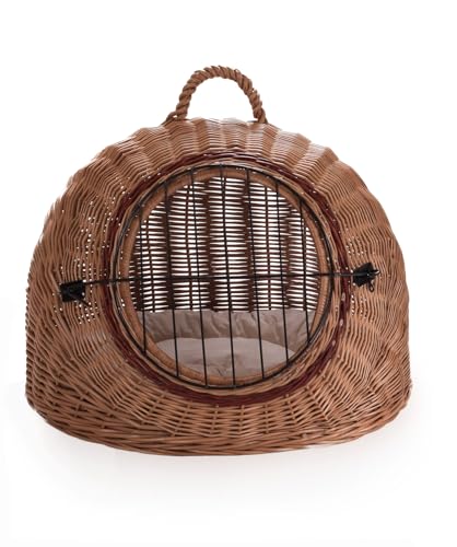 Wiklinowy Świat - Weidenkorb Transportbox, Katzentransportbox, Transporttasche für Katze Hund - Tragebox für Mittel Kleine Haustiere - mit Metallverschluss - 55x44x47cm - helles cremefarbenes Kissen von Wiklinowy Swiat