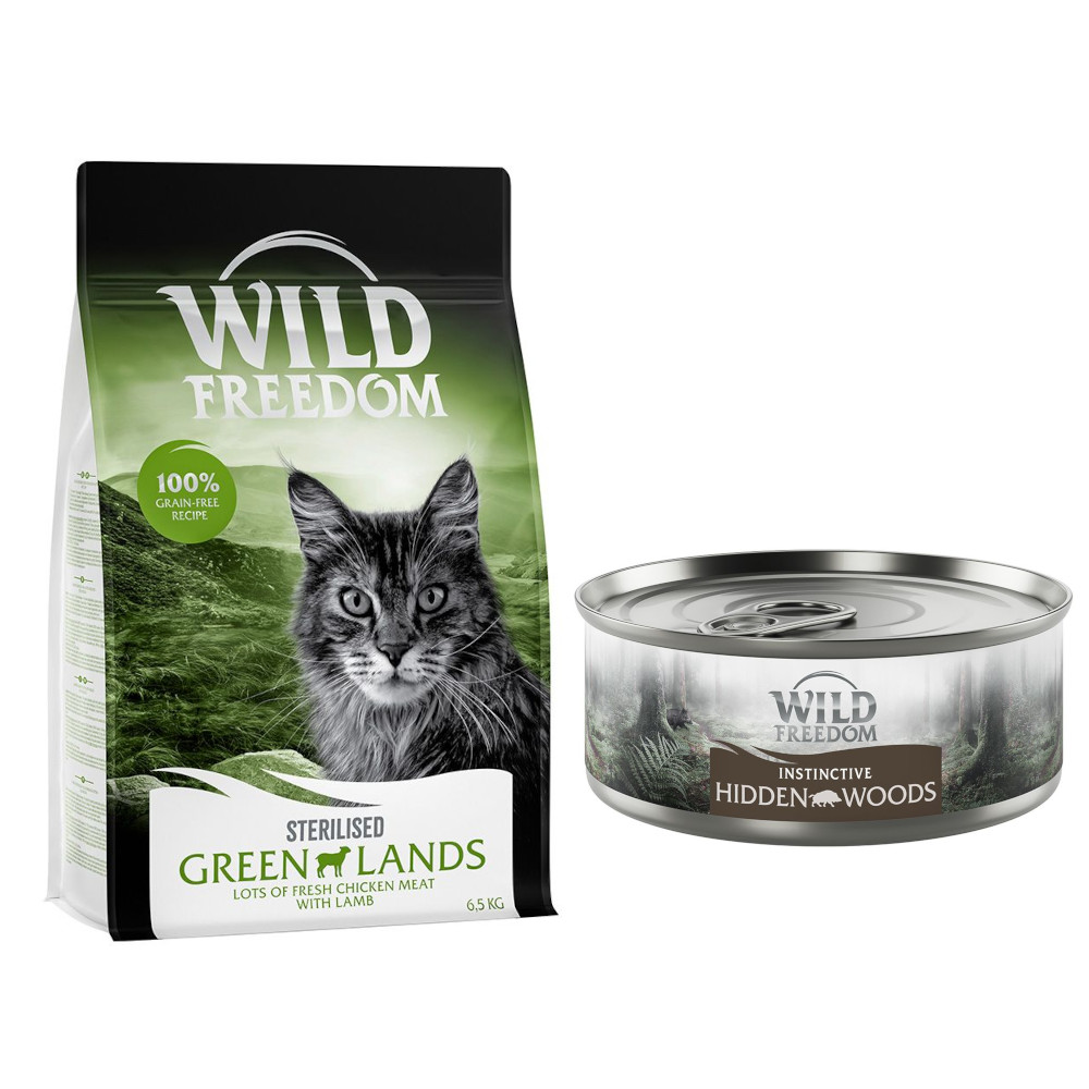6,5 kg Wild Freedom + 6 x 70 g "Instinctive" Nassfutter gratis! - Sterilised: Green Lands - Lamm + 6 x 70 g Wildschwein 6,5 kg Wild Freedom + 6 x 70 g "Instinctive" Nassfutter gratis! - Sterilised: Green Lands - Lamm + 6 x 70 g Wildschwein von Wild Freedom