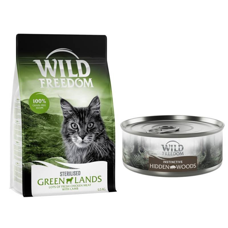 6,5 kg Wild Freedom + 6 x 70 g "Instinctive" Nassfutter gratis! - Sterilised: Green Lands - Lamm + 6 x 70 g Wildschwein von Wild Freedom