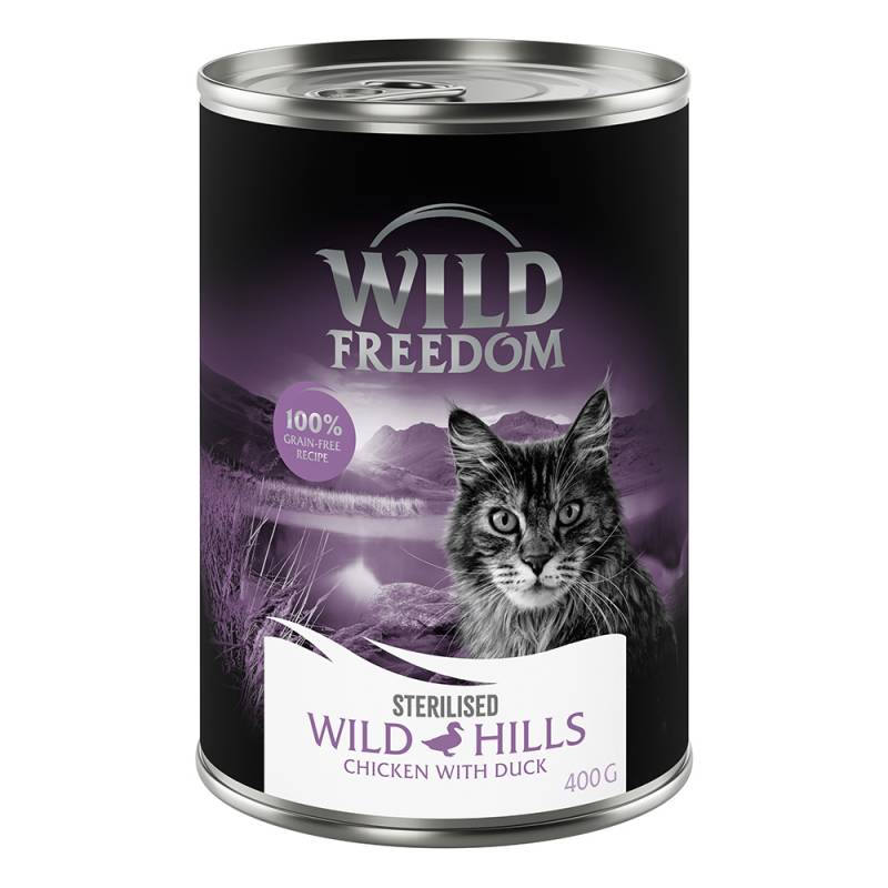 6 x 200 g / 400 g Wild Freedom Adult Sterilised zum Probierpreis! - Wild Hills Sterilised - Ente & Huhn (6 x 400 g) von Wild Freedom