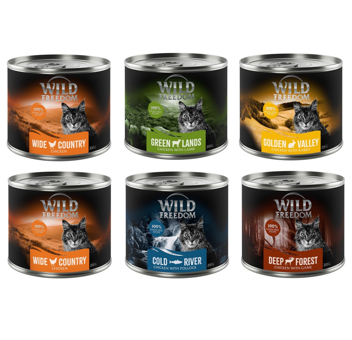 Gemischtes Probierpaket: Wild Freedom Adult - 6 x 200 g Sterilised: 2x Huhn pur, 2x Huhn & Lachs, 1x Huhn & Kaninchen, 1x Huhn & Ente von Wild Freedom