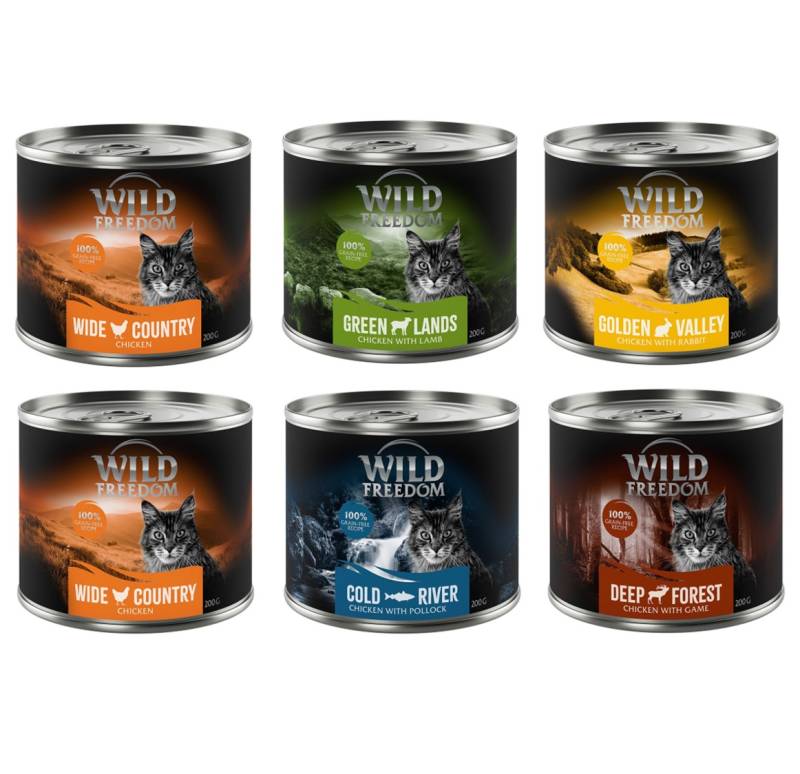 Gemischtes Probierpaket: Wild Freedom Adult - 6 x 200 g Sterilised: 2x Huhn pur, 2x Huhn & Lachs, 1x Huhn & Kaninchen, 1x Huhn & Ente Gemischtes Probierpaket: Wild Freedom Adult - 6 x 200 g Sterilised: 2x Huhn pur, 2x Huhn & Lachs, 1x Huhn & Kaninchen, 1x Huhn & Ente von Wild Freedom