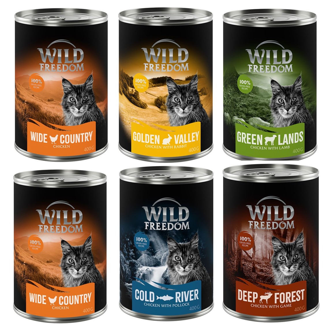 Gemischtes Probierpaket: Wild Freedom Adult - 6 x 400 g: 2x Huhn, Seelachs, Lamm, Kaninchen, Wild von Wild Freedom