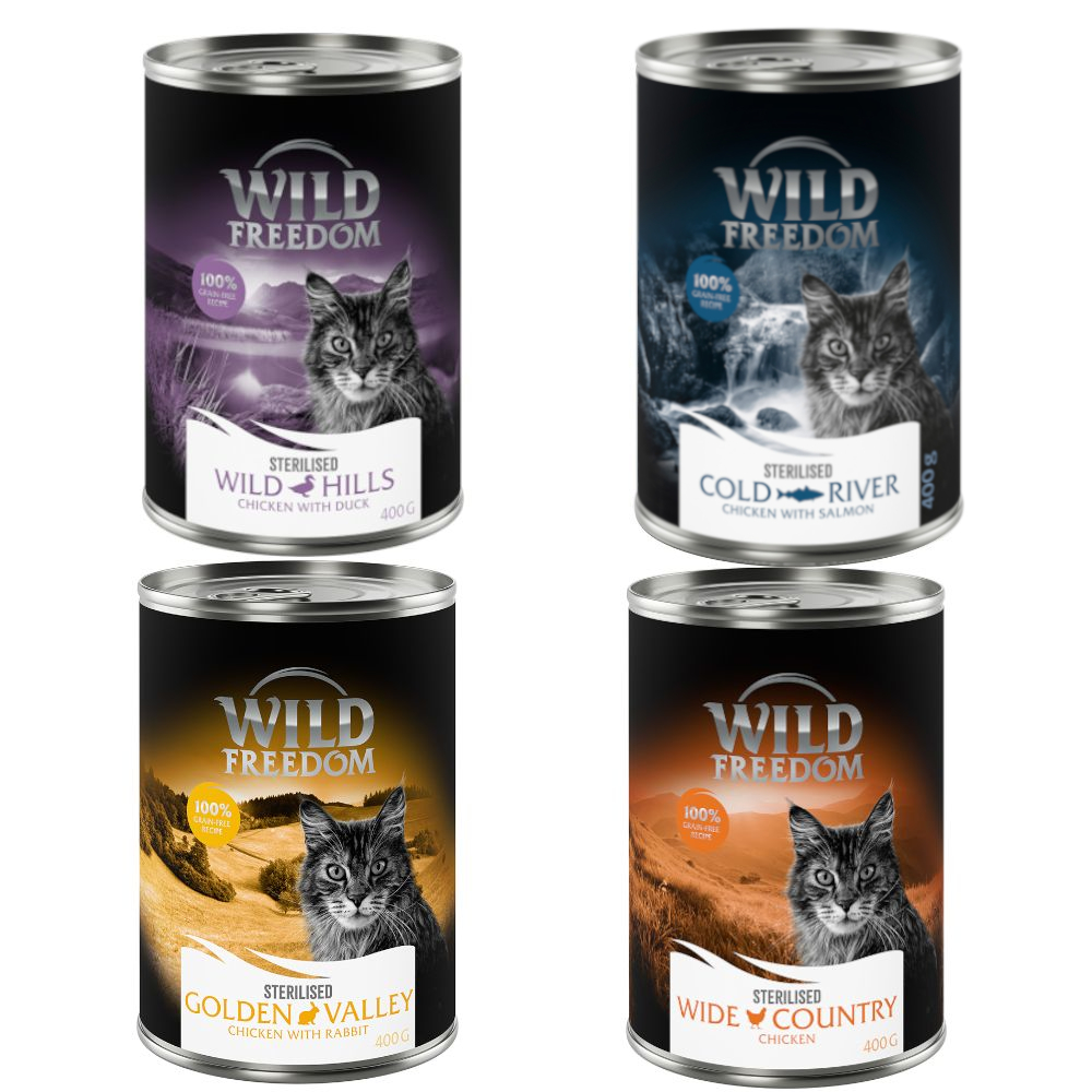 Gemischtes Probierpaket: Wild Freedom Adult - 6 x 400 g  Sterilised: 2x Huhn pur, 2x Lachs, 1x Kaninchen, 1x Ente von Wild Freedom