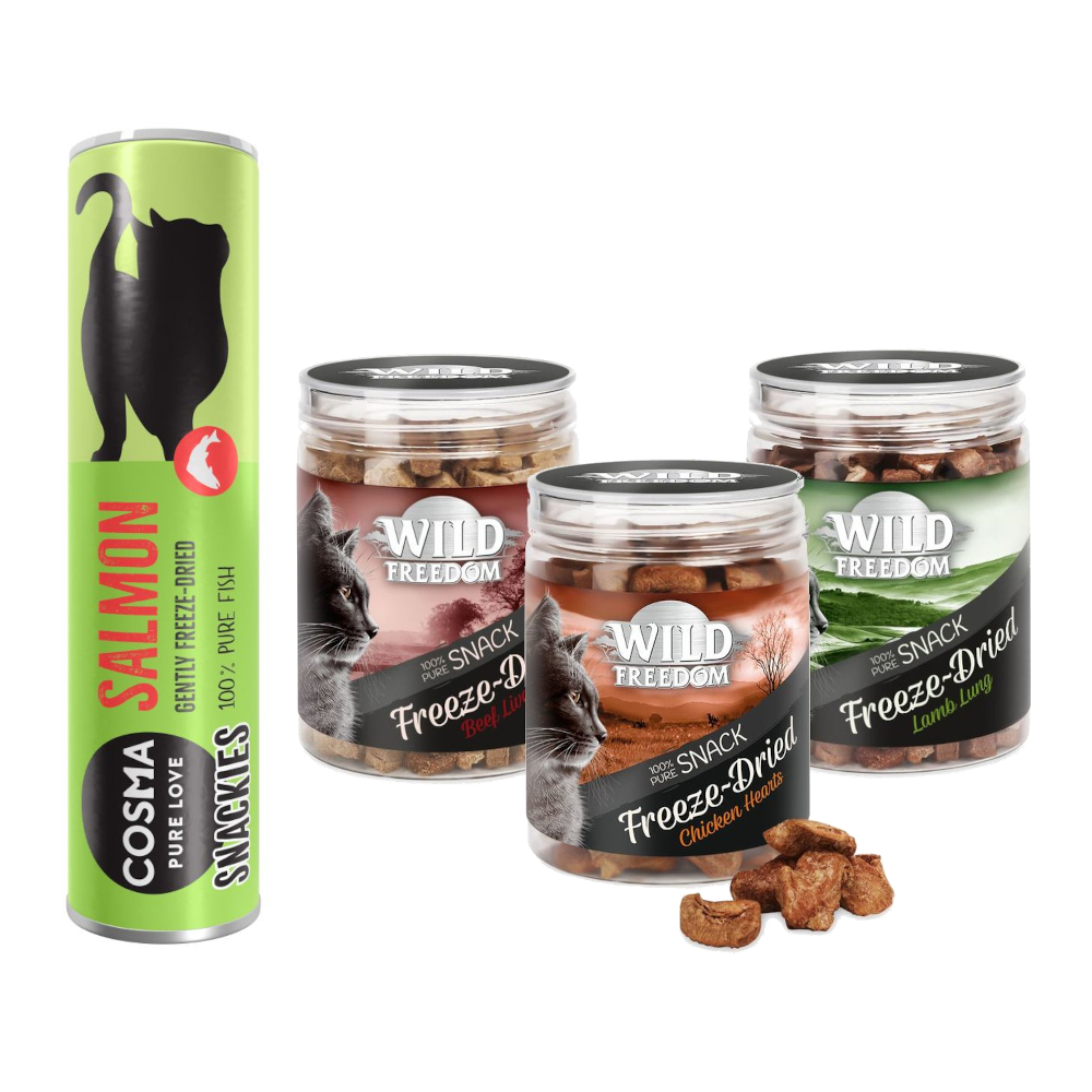 Snacks Kombi-Paket: Cosma Snackies + Wild Freedom RAW  - 5 x Snackies Lachs + RAW-Mix (3 Sorten) von Wild Freedom