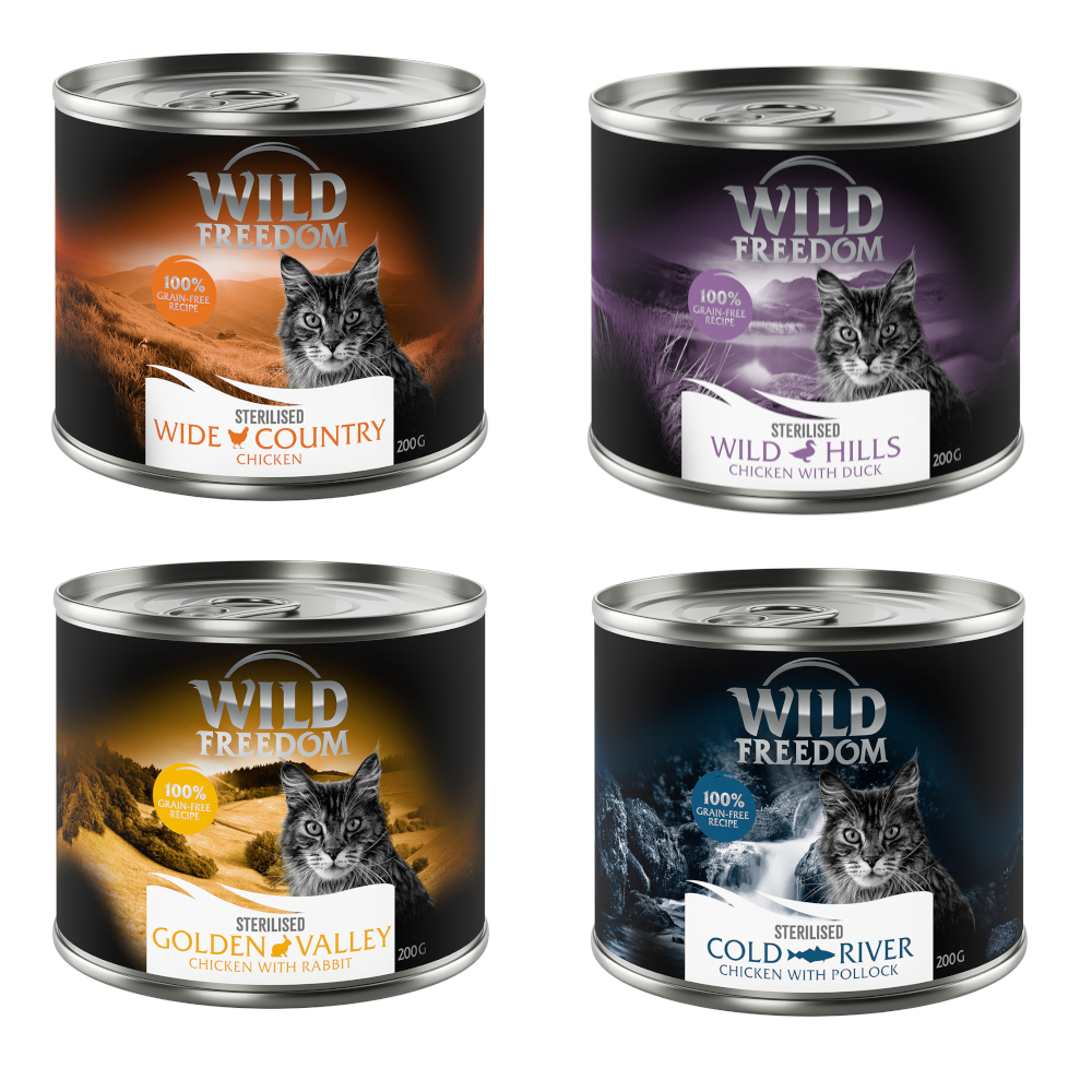 Wild Freedom Adult Sterilised 24 x 200 g - getreidefreie Rezeptur - Mixpaket (Huhn pur, Huhn & Sterilised, Huhn & Kaninchen) von Wild Freedom