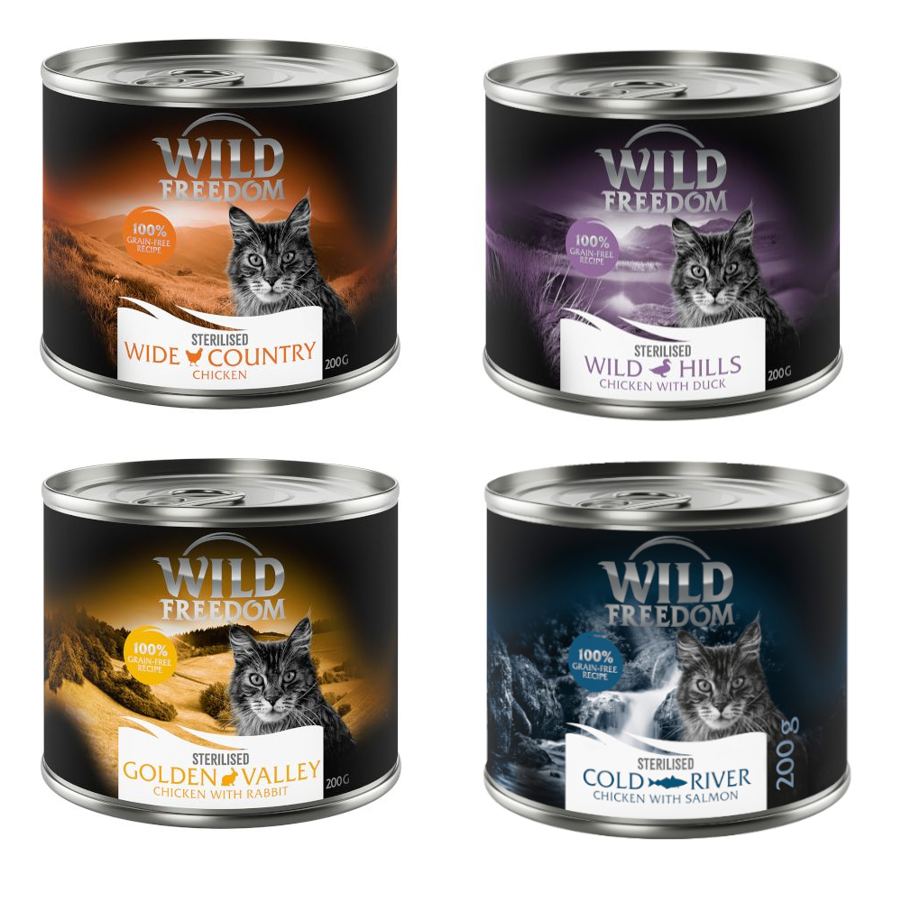 Wild Freedom Adult Sterilised 6 x 200 g - getreidefreie Rezeptur - Mixpaket (2x Huhn pur, 2x Huhn & Lachs, 1x Huhn & Kaninchen, 1x Huhn & Ente) von Wild Freedom