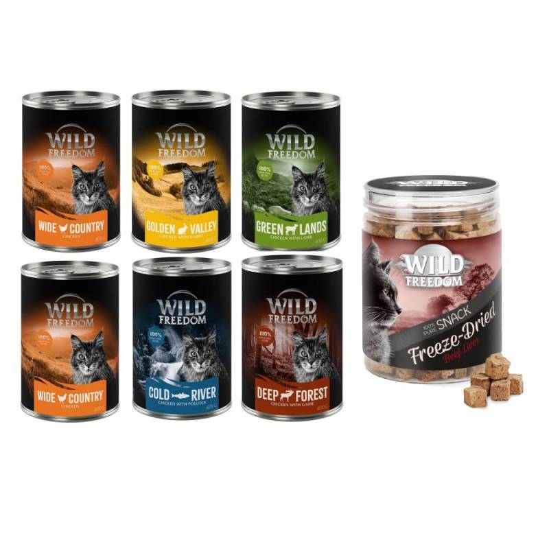 Wild Freedom Kombi-Paket: 24 x 400 g Adult Nassfutter + 3 x 45 g RAW - Mixpaket 1 (Huhn, Seelachs, Lamm, Kaninchen, Wild) + Hühnerherzen von Wild Freedom