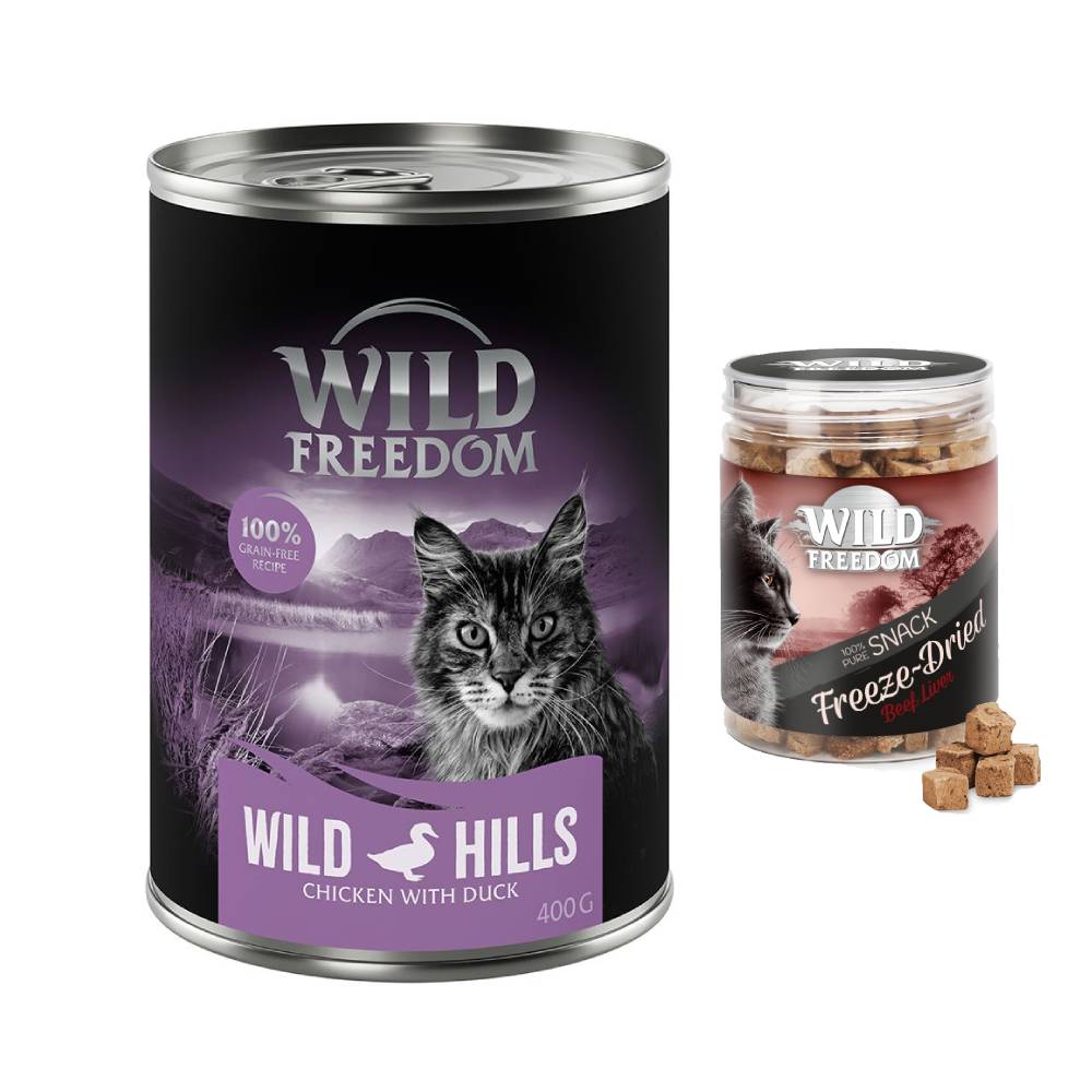 Wild Freedom Kombi-Paket: 24 x 400 g Adult Nassfutter + 3 x 45 g RAW - Wild Hills - Ente & Huhn + Hühnerherzen von Wild Freedom