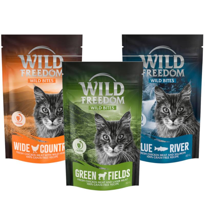 Wild Freedom Snack - Wild Bites (getreidefreie Rezeptur) - Mix: 1 x Huhn, 1x Huhn & Lachs, 1 x Huhn & Lamm 3 x 80 g von Wild Freedom