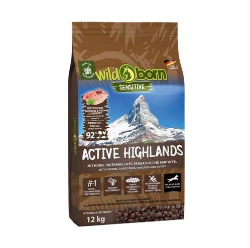 Wildborn Active Highlands 1 x 12 kg Hundefutter für aktive Hunde, getreidefrei mit 92% tierischem Eiweiß* | sensitives Hundefutter für aktive Hunde Made in Germany von Wildborn