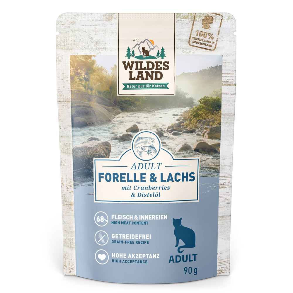 Sparpaket Wildes Land Adult Cat 24 x 90 g - Forelle und Lachs mit Cranberrys Sparpaket Wildes Land Adult Cat 24 x 90 g - Forelle und Lachs mit Cranberrys von Wildes Land