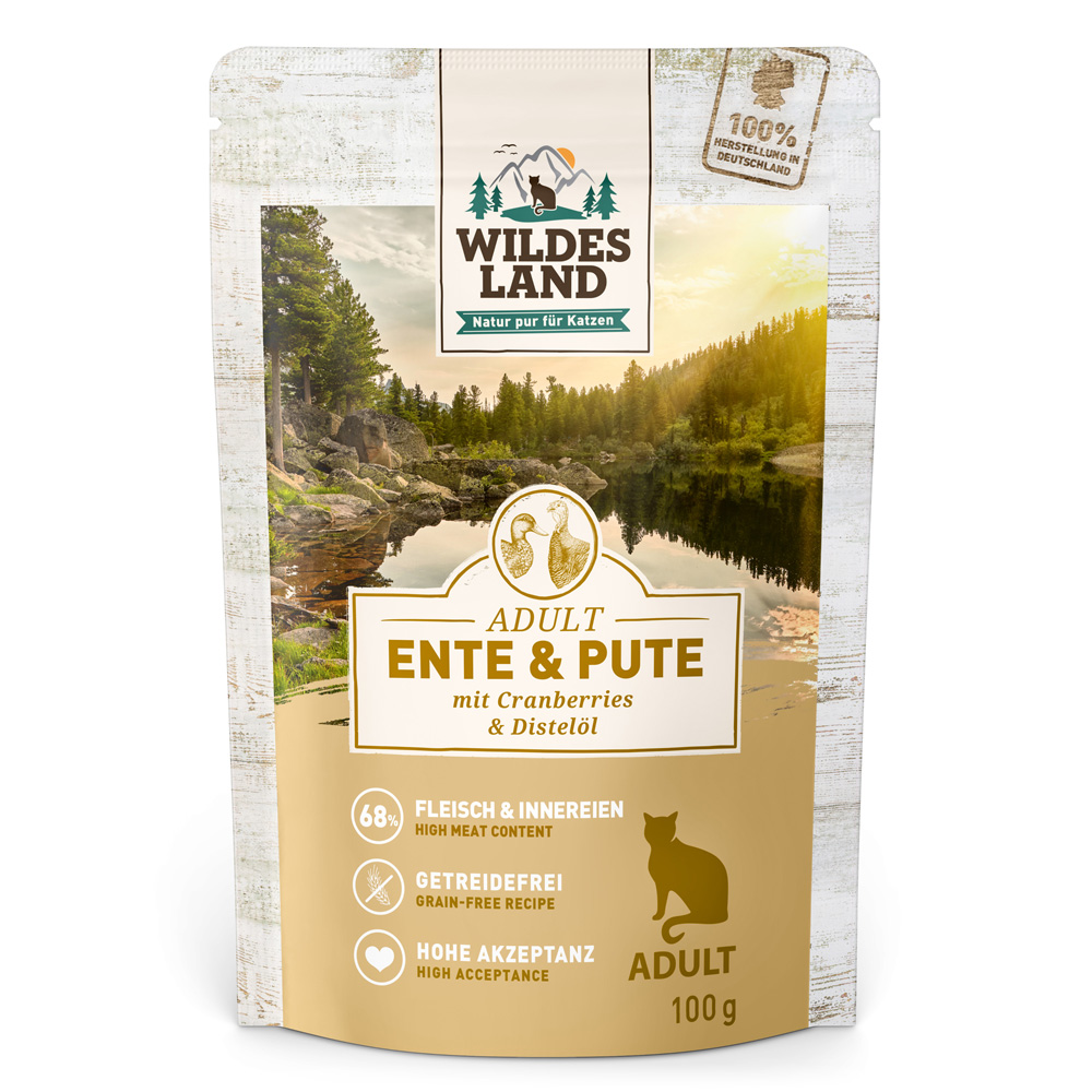 Sparpaket Wildes Land Cat 24 x 100 g - Ente & Pute mit Cranberries Sparpaket Wildes Land Cat 24 x 100 g - Ente & Pute mit Cranberries von Wildes Land