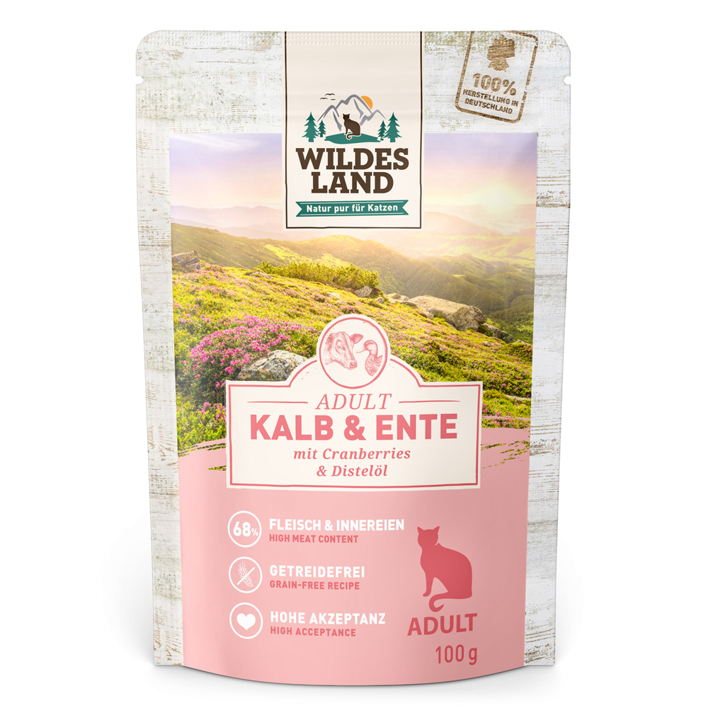 Sparpaket Wildes Land Cat 24 x 100 g - Kalb & Ente mit Cranberries Sparpaket Wildes Land Cat 24 x 100 g - Kalb & Ente mit Cranberries von Wildes Land