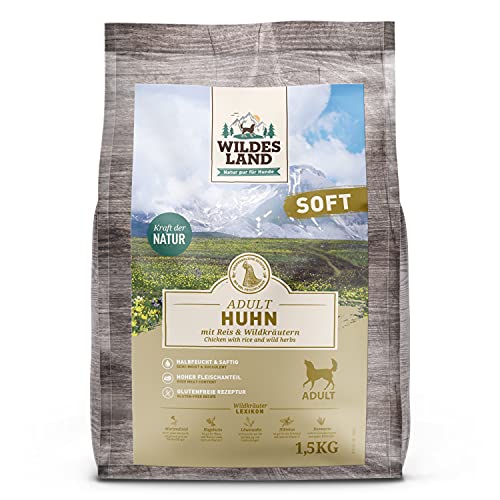 Wildes Land - Halbfeuchtes Trockenfutter für Hunde - Huhn - 1,5 kg - Soft mit Reis und Wildkräutern - Glutenfrei - Extra viel Fleisch - Für alle Hunderassen - Beste Akzeptanz von WILDES LAND