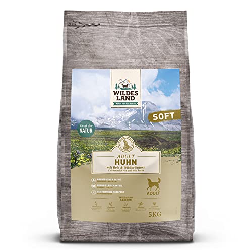 Wildes Land - Halbfeuchtes Trockenfutter für Hunde - Huhn - 5 kg - Soft mit Reis und Wildkräutern - Glutenfrei - Extra viel Fleisch - Für alle Hunderassen - Beste Akzeptanz von WILDES LAND