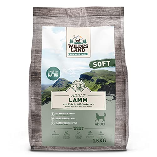 Wildes Land - Halbfeuchtes Trockenfutter für Hunde - Lamm - 1,5 kg -Soft mit Reis und Wildkräutern - Glutenfrei - Extra viel Fleisch - Für alle Hunderassen - Beste Akzeptanz von WILDES LAND