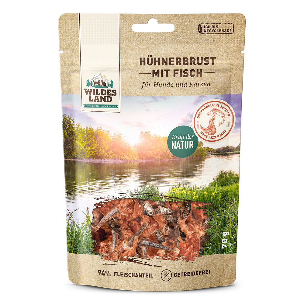 Wildes Land | Hühnerbrust mit Fisch | Fleischsnacks | 70 g Wildes Land | Hühnerbrust mit Fisch | Fleischsnacks | 70 g von Wildes Land