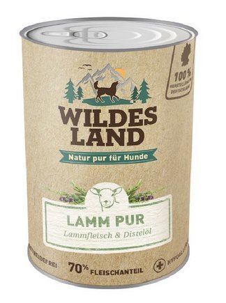 Wildes Land - Lamm PUR - 6 x 400 g - Mit Distelöl und Wildkräutern - Nassfutter für Hunde - Hoher Fleischanteil - Hohe Akzeptanz - Getreidefreies Hundefutter von WILDES LAND