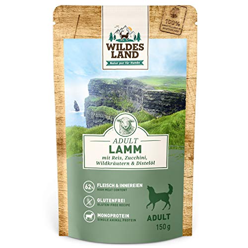 Wildes Land - Nassfutter Pouches - Nr. 1 Lamm - 8 x 150 g - mit Reis, Zucchini, Wildkräutern & Distelöl - Glutenfrei - Extra viel Fleisch - Beste Akzeptanz und Verträglichkeit von WILDES LAND