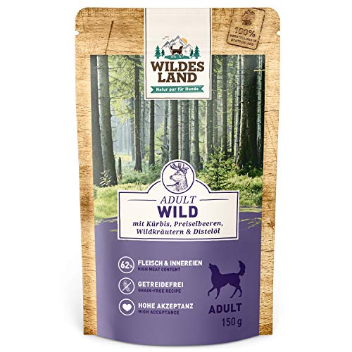 Wildes Land - Nassfutter Pouches - Nr. 7 Wild - 8 x 150 g - mit Kürbis, Preiselbeeren, Wildkräutern & Distelöl - Glutenfrei - Extra viel Fleisch - Beste Akzeptanz und Verträglichkeit von WILDES LAND