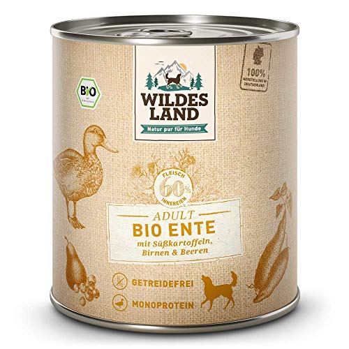 Wildes Land - Nassfutter für Hunde - Bio Ente - 12 x 800 g - Getreidefrei - Extra hoher Fleischanteil von 60% - 100% zertifizierte Bio-Zutaten - Beste Akzeptanz und Verträglichkeit von WILDES LAND