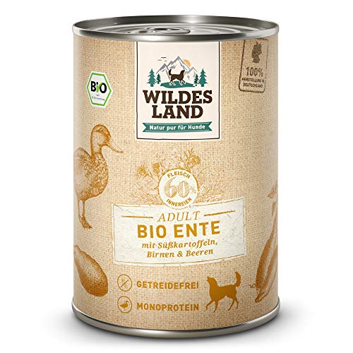 Wildes Land - Nassfutter für Hunde - Bio Ente - 24 x 400 g - Getreidefrei - Extra hoher Fleischanteil von 60% - 100% zertifizierte Bio-Zutaten - Beste Akzeptanz und Verträglichkeit von WILDES LAND