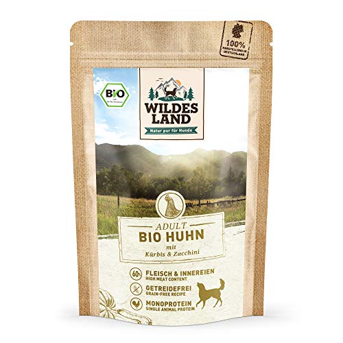 Wildes Land - Nassfutter für Hunde - Bio Huhn - 10 x 125 g -Getreidefrei - Extra hoher Fleischanteil von 60% - 100% zertifizierte Bio-Zutaten - Beste Akzeptanz und Verträglichkeit von WILDES LAND