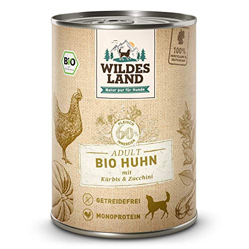 Wildes Land - Nassfutter für Hunde - Bio Huhn - 24 x 400 g -Getreidefrei - Extra hoher Fleischanteil von 60% - 100% zertifizierte Bio-Zutaten - Beste Akzeptanz und Verträglichkeit von WILDES LAND