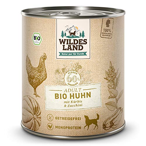 Wildes Land - Nassfutter für Hunde - Bio Huhn - 6 x 800 g -Getreidefrei - Extra hoher Fleischanteil von 60% - 100% zertifizierte Bio-Zutaten - Beste Akzeptanz und Verträglichkeit von WILDES LAND
