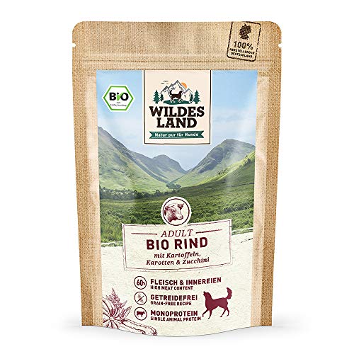 Wildes Land - Nassfutter für Hunde - Bio Rind - 10 x 125 g - Getreidefrei - Extra hoher Fleischanteil von 60% - 100% zertifizierte Bio-Zutaten - Beste Akzeptanz und Verträglichkeit von WILDES LAND