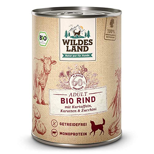 Wildes Land - Nassfutter für Hunde - Bio Rind - 12 x 400 g - Getreidefrei - Extra hoher Fleischanteil von 60% - 100% zertifizierte Bio-Zutaten - Beste Akzeptanz und Verträglichkeit von WILDES LAND
