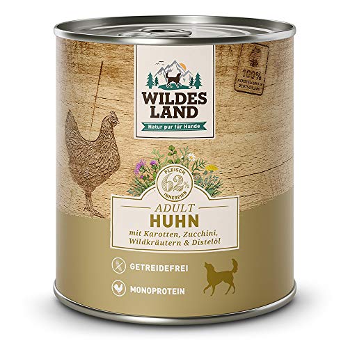 Wildes Land - Nassfutter für Hunde - Nr. 2 Huhn - 12 x 800 g - mit Karotten, Zucchini, Wildkräutern & Distelöl - Glutenfrei - Extra viel Fleisch - Beste Akzeptanz und Verträglichkeit von WILDES LAND