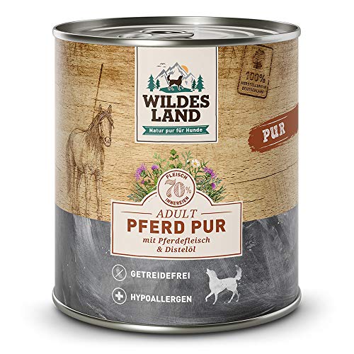 Wildes Land - Nassfutter für Hunde - Pferd PUR - 24 x 800 g - mit Distelöl - Getreidefrei & Hypoallergen - Extra hoher Fleischanteil von 70% - Beste Akzeptanz und Verträglichkeit von WILDES LAND