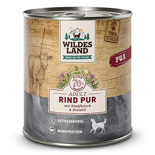 Wildes Land - Nassfutter für Hunde - Rind PUR - 24 x 800 g - mit Distelöl - Getreidefrei - Extra hoher Fleischanteil von 70% - Beste Akzeptanz und Verträglichkeit von WILDES LAND