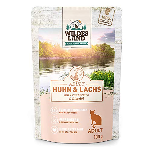 Wildes Land - Nassfutter für Katzen - Nr. 2 Huhn & Lachs - 24 x 100 g - Getreidefrei - Extra viel Fleisch - Beste Akzeptanz und Verträglichkeit von WILDES LAND