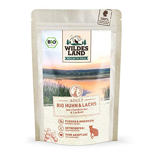 Wildes Land - Nassfutter für Katzen - Nr. 2 Huhn & Lachs - Bio - 12 x 85 g - Aus kontrolliertem biologischen Anbau - Getreidefrei - Extra viel Fleisch von WILDES LAND