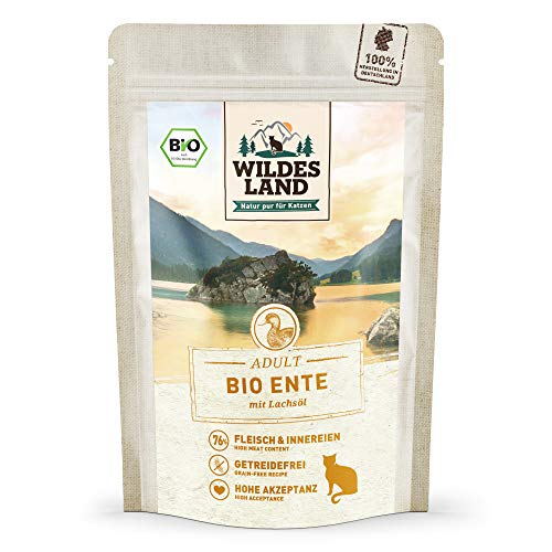 Wildes Land - Nassfutter für Katzen - Nr. 4 Ente PUR - Bio - 12 x 85 g - Aus kontrolliertem biologischen Anbau - Getreidefrei - Extra viel Fleisch von WILDES LAND