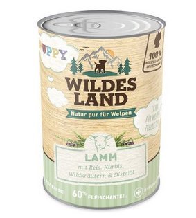 Wildes Land - Puppy Lamm - 6 x 400 g - Mit Reis, Distelöl und Wildkräutern- Nassfutter für Hunde - Hoher Fleischanteil - Glutenfreies Hundefutter von WILDES LAND
