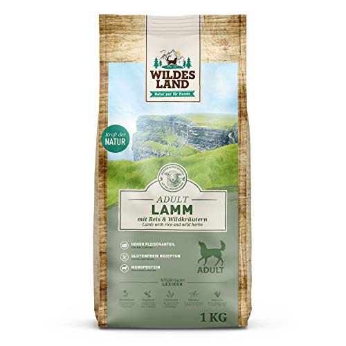 Wildes Land - Nr. 1 Lamm - 1 kg - mit Reis und Wildkräutern - Glutenfrei - Trockenfutter für Hunde - Hundefutter mit hohem Fleischanteil - Für alle Hunderassen - Hohe Verträglichkeit von WILDES LAND