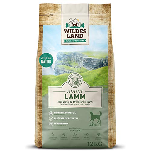 Wildes Land - Nr. 1 Lamm - 12 kg - mit Reis und Wildkräutern - Glutenfrei - Trockenfutter für Hunde - Hundefutter mit hohem Fleischanteil - Für alle Hunderassen - Hohe Verträglichkeit von WILDES LAND