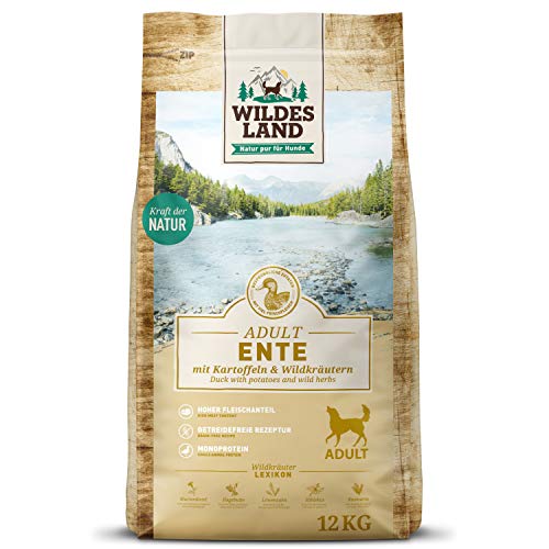 Wildes Land - Nr. 2 Ente - 12 kg - mit Kartoffeln und Wildkräutern - Glutenfrei - Trockenfutter für Hunde - Hundefutter mit hohem Fleischanteil Hohe Verträglichkeit von WILDES LAND