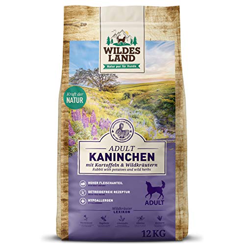 Wildes Land - Nr. 4 Kaninchen - 12 kg - mit Kartoffeln und Wildkräutern - Glutenfrei - Trockenfutter für Hunde - Hundefutter mit hohem Fleischanteil - Hohe Verträglichkeit von WILDES LAND